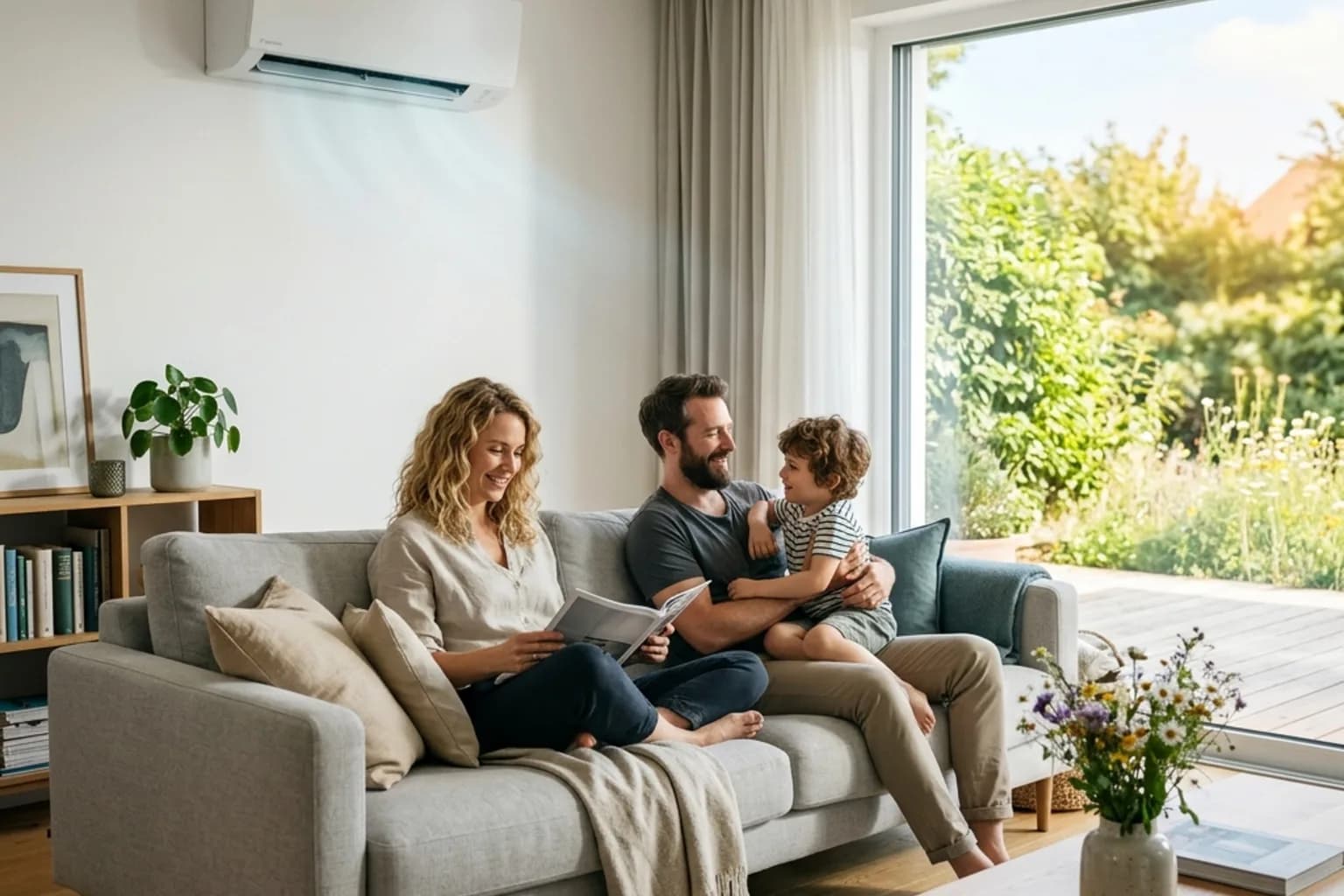 Familie genießt im Sommer ein angenehm gekühltes Zuhause